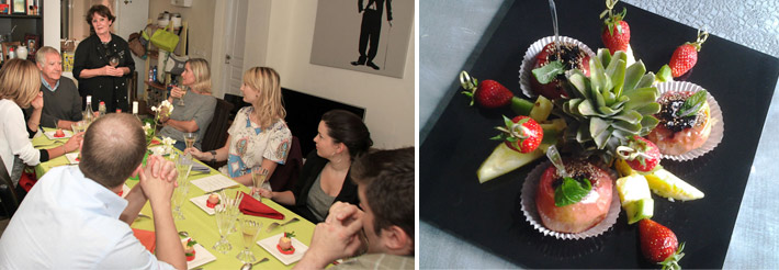 Françoise pavillon discute avec des clients pour un petit anniversaire et une image d'un dessert fruité
